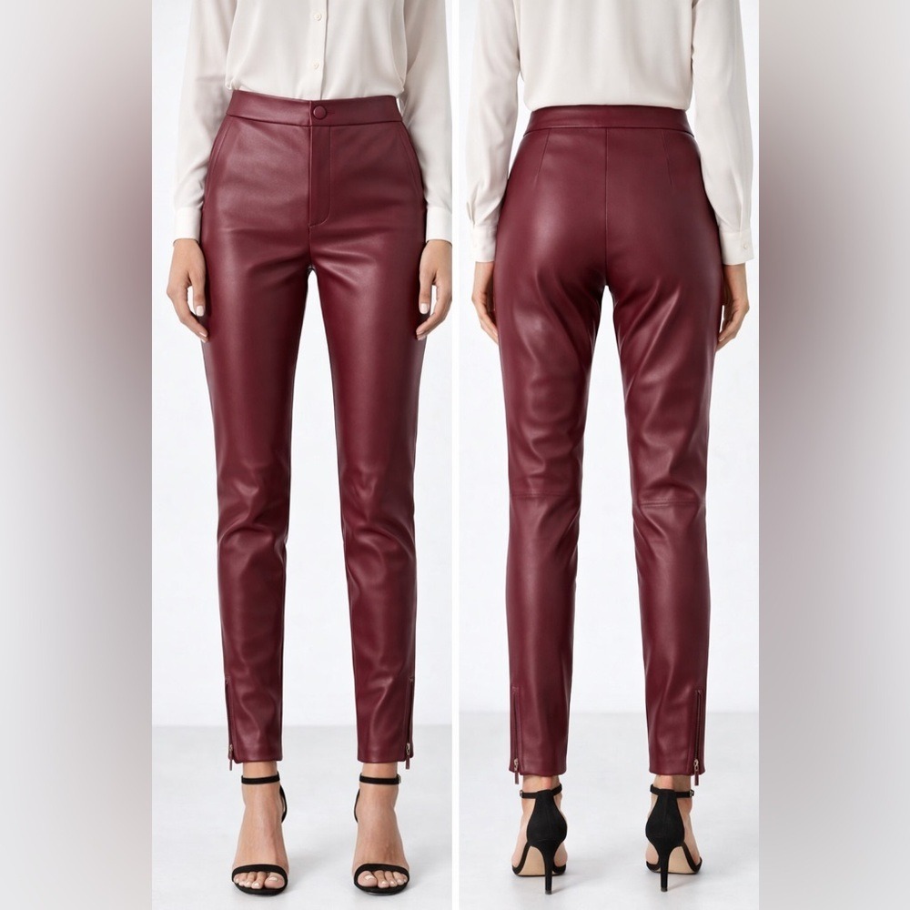 ZARA Burgundy Faux Leather High Rise Pants Women's M Skinny Ankle Zip